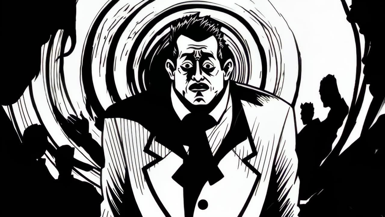 Distressed Man in Swirling Black and White Comic Art