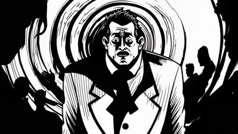 distressed man in swirling black and white comic art