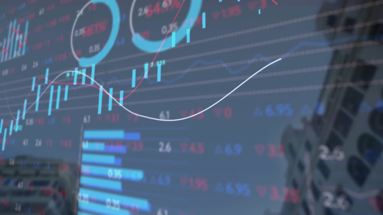 都市風景上の金融データ処理のアニメーション