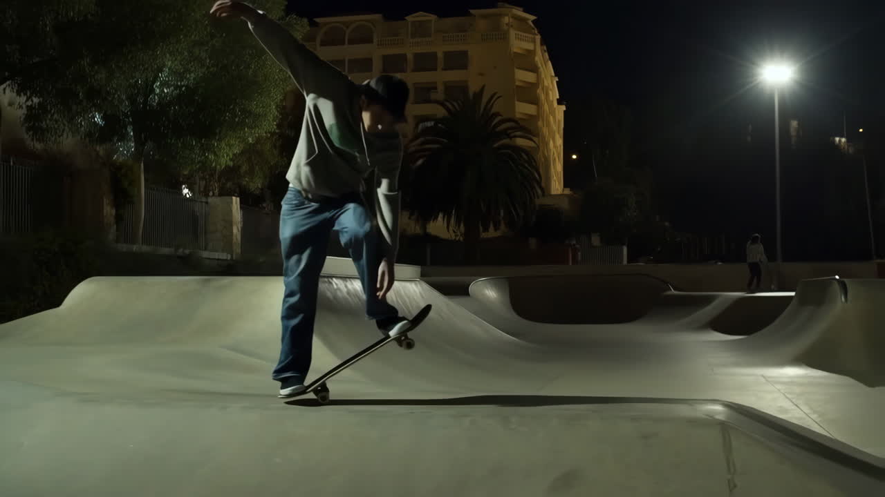 Skateboarder doing tricks at a skate park at night