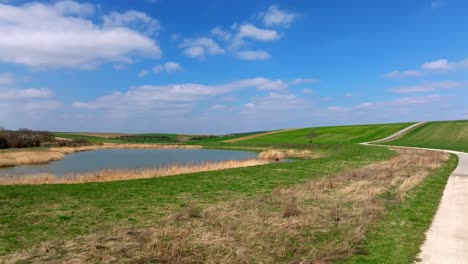 Idyllische-Landschaft-Mit-Grünen-Feldern-Und-Teich-Mit-Schilf---Luftaufnahme-Einer-Drohne