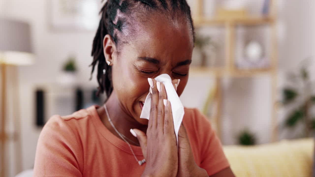 Sick, woman and tissue for blowing nose in home