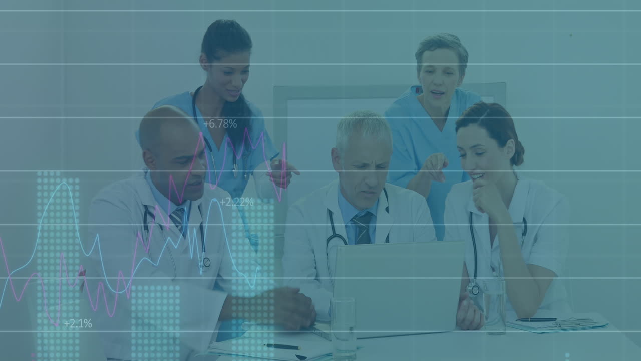 다양한 의료진이 이야기하고 노트북을 사용하는 금융 그래프와 데이터의 애니메이션
