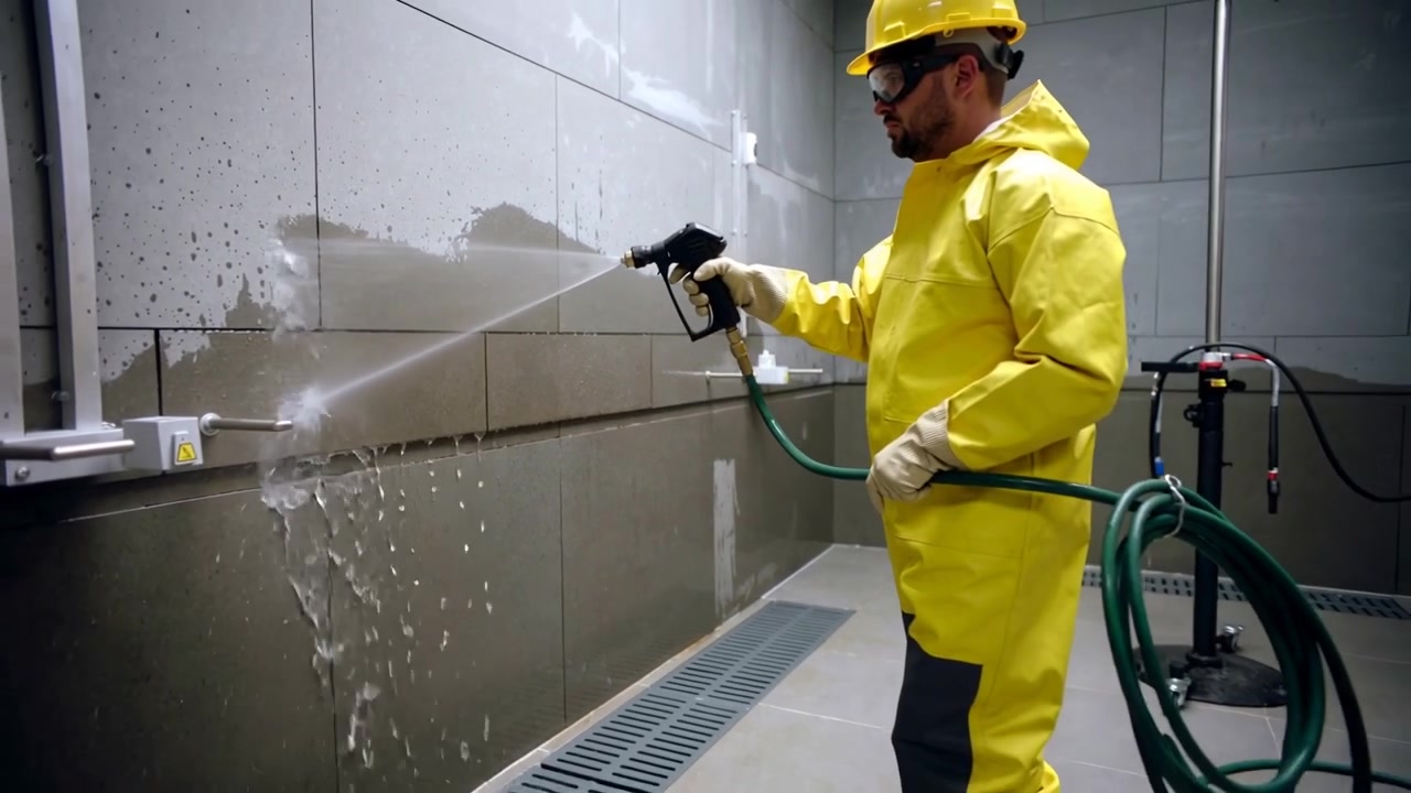Water jet starting spraying PPE-clad technician testing seam in test booth with nozzle, copy space