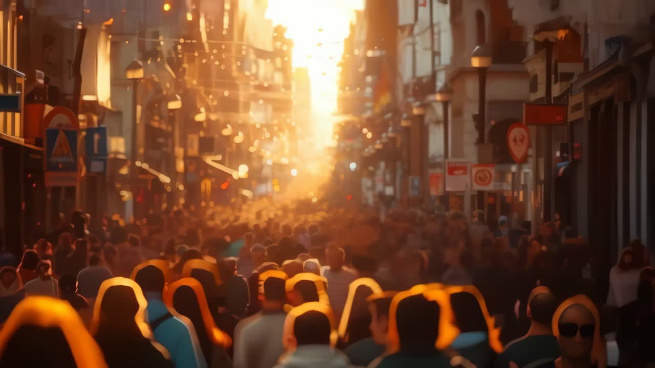 A busy city street with a large crowd of people walking down it