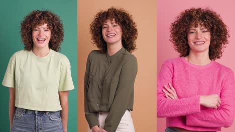 multiple screen montage: excited woman moving around
