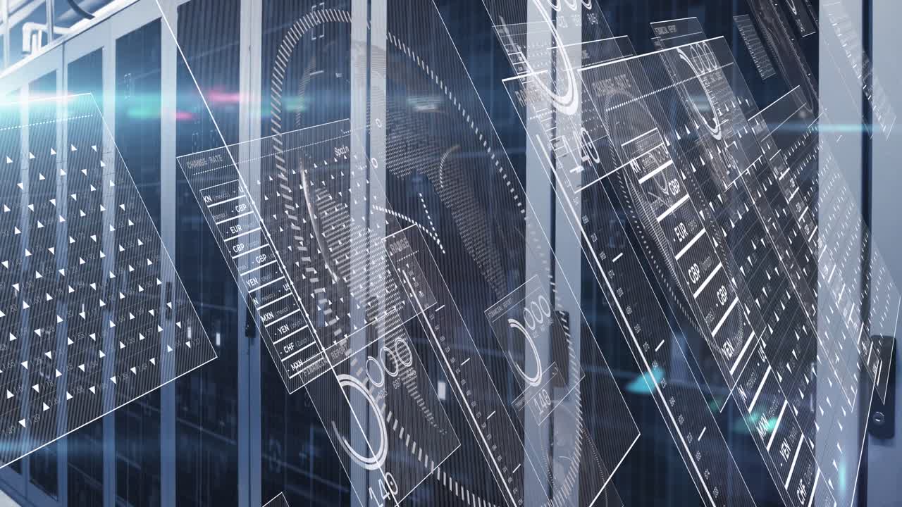 데이터 서버 랙 위의 통화 값과 숫자를 가진 hud 인터페이스 화면의 애니메이션