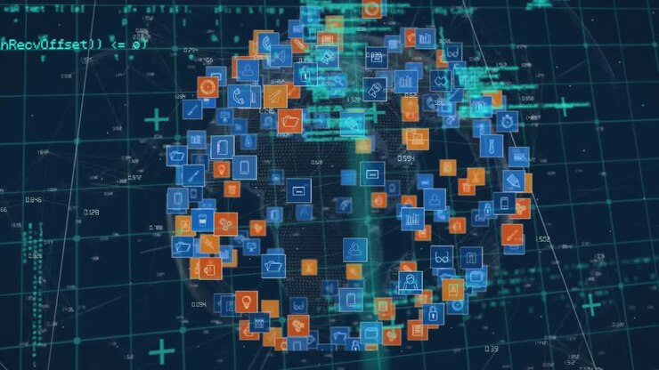Microprocessor connections over globe of digital icons and data processing on blue background
