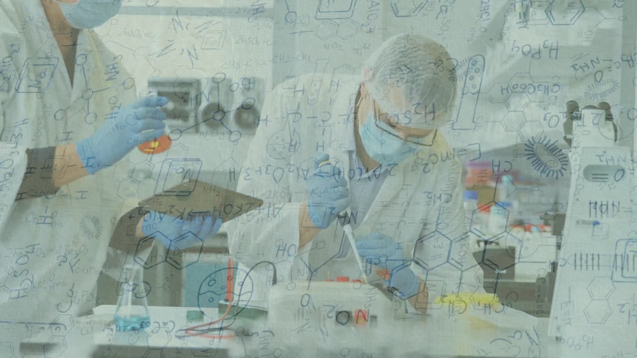 실험실에서 일하는 과학자들에 대한 화학 공식 화합물의 애니메이션