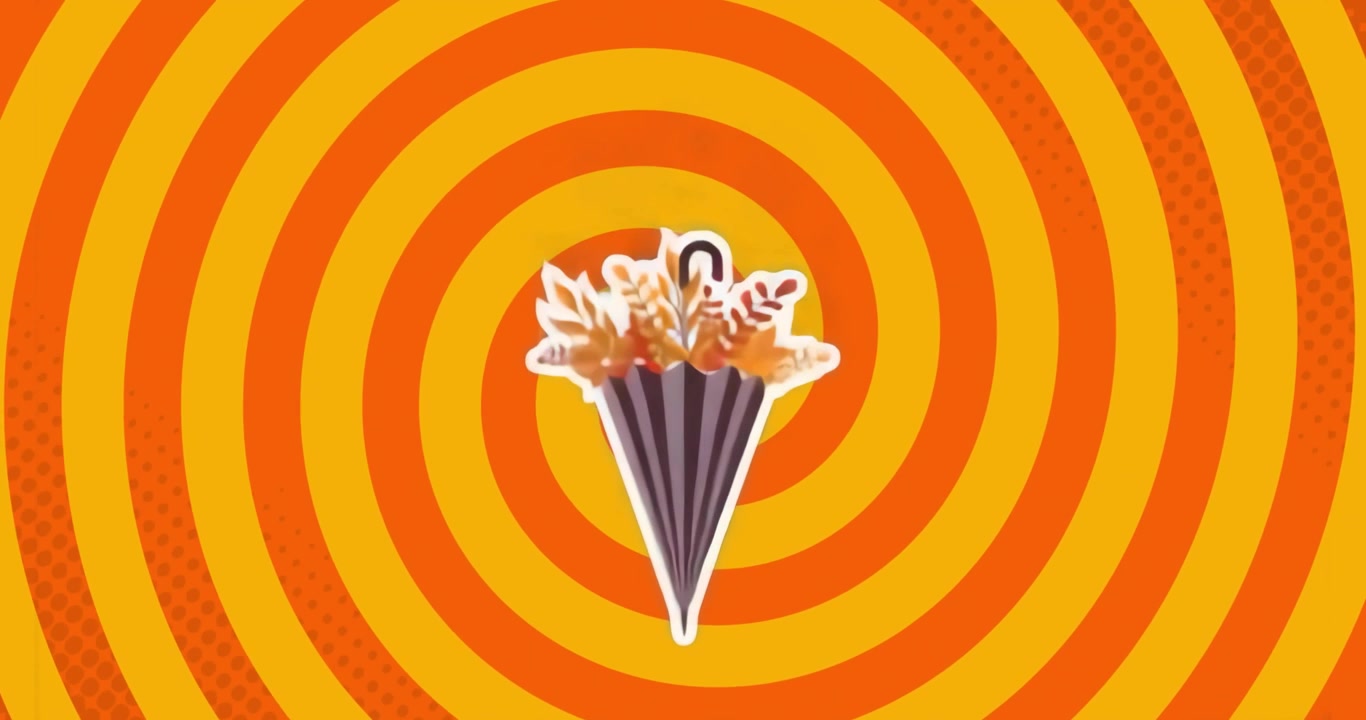 Ombrello che si apre con fogliame che emerge, mentre anelli giallo-arancio pulsano con un effetto di movimento rotatorio
