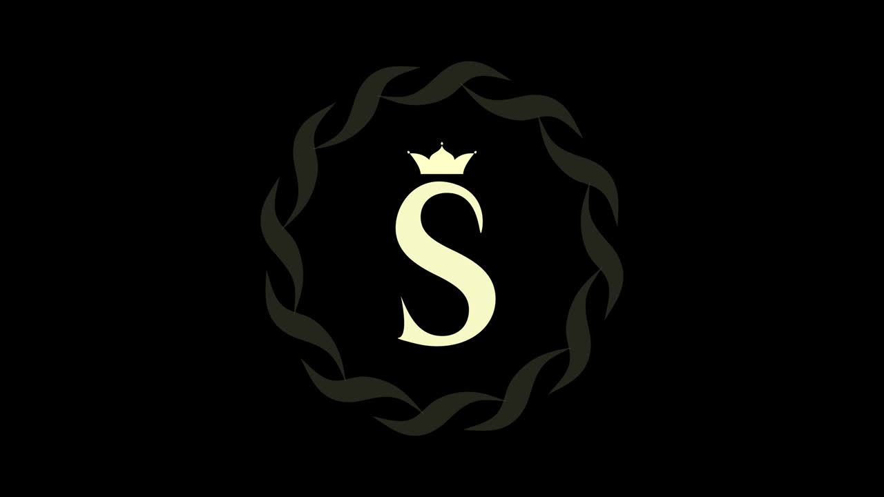 Animation of logo design. Luxury monogram. Round Emblem rotates. Capital letter S. Falling crown. Drawn ribbon. Art template in motion.