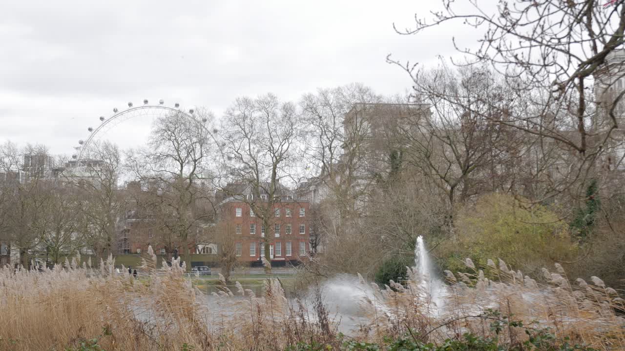 A calm park scene with a fountain, trees, and the London Eye visible in the distance