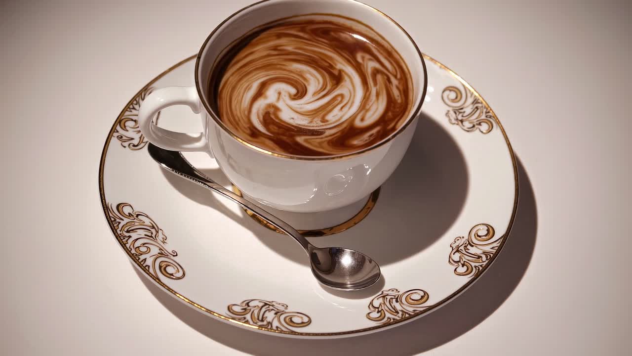 Elegant top-down video shot of a cappuccino with a swirling pattern in a vintage cup and saucer