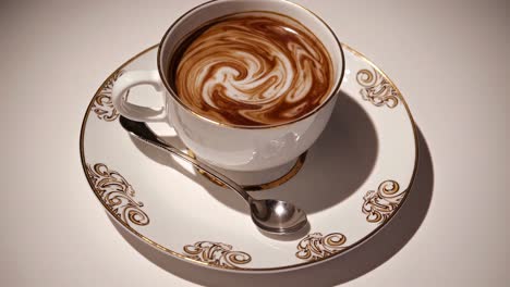 elegant top-down video shot of a cappuccino with a swirling pattern in a vintage cup and saucer