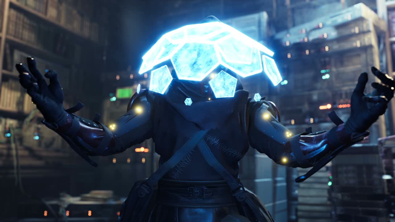 el monje cibernético practica la cibermagia en su laboratorio de alta tecnología y futurista. animación en bucle para fondos futuristas, de ficción, cibernéticos y de ciencia ficción. una vista de un ciborg en el laboratorio