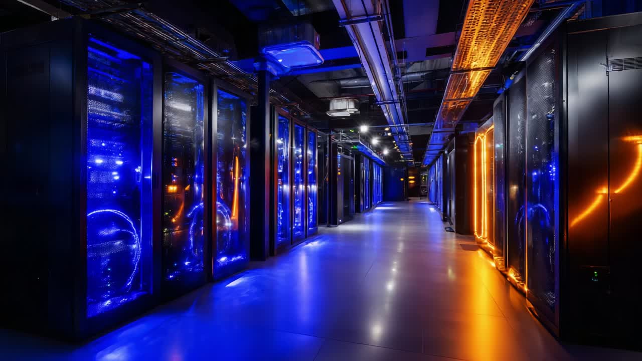 A Stunning View of Modern Data Center Infrastructure Featuring Rows of High-Tech Servers Illuminated with Blue and Orange LED Lights, Showcasing the Heart of Digital Power and Storage Management