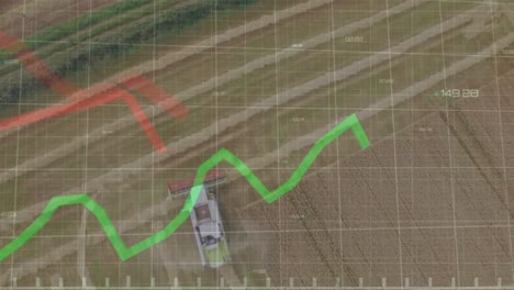 animation of graphs with changing numbers, aerial view of harvest vehicle on agriculture field