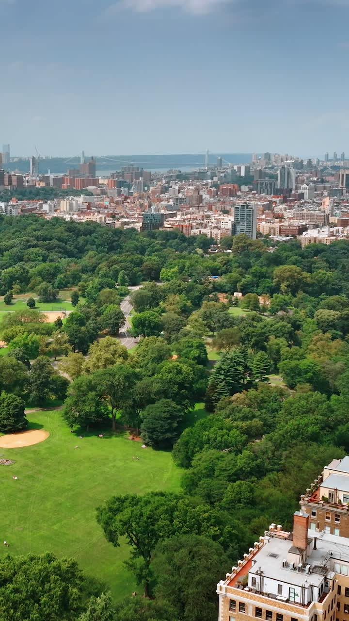 Flying above the territory of the Central Park in New York on sunny afternoon. Densely built cityscape at backdrop. Top view. Vertical video