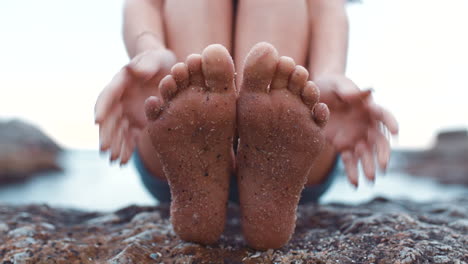 relax, feet and woman barefoot in sand