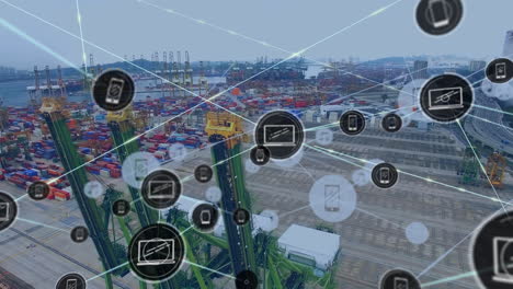 network of digital icons against aerial view of the port