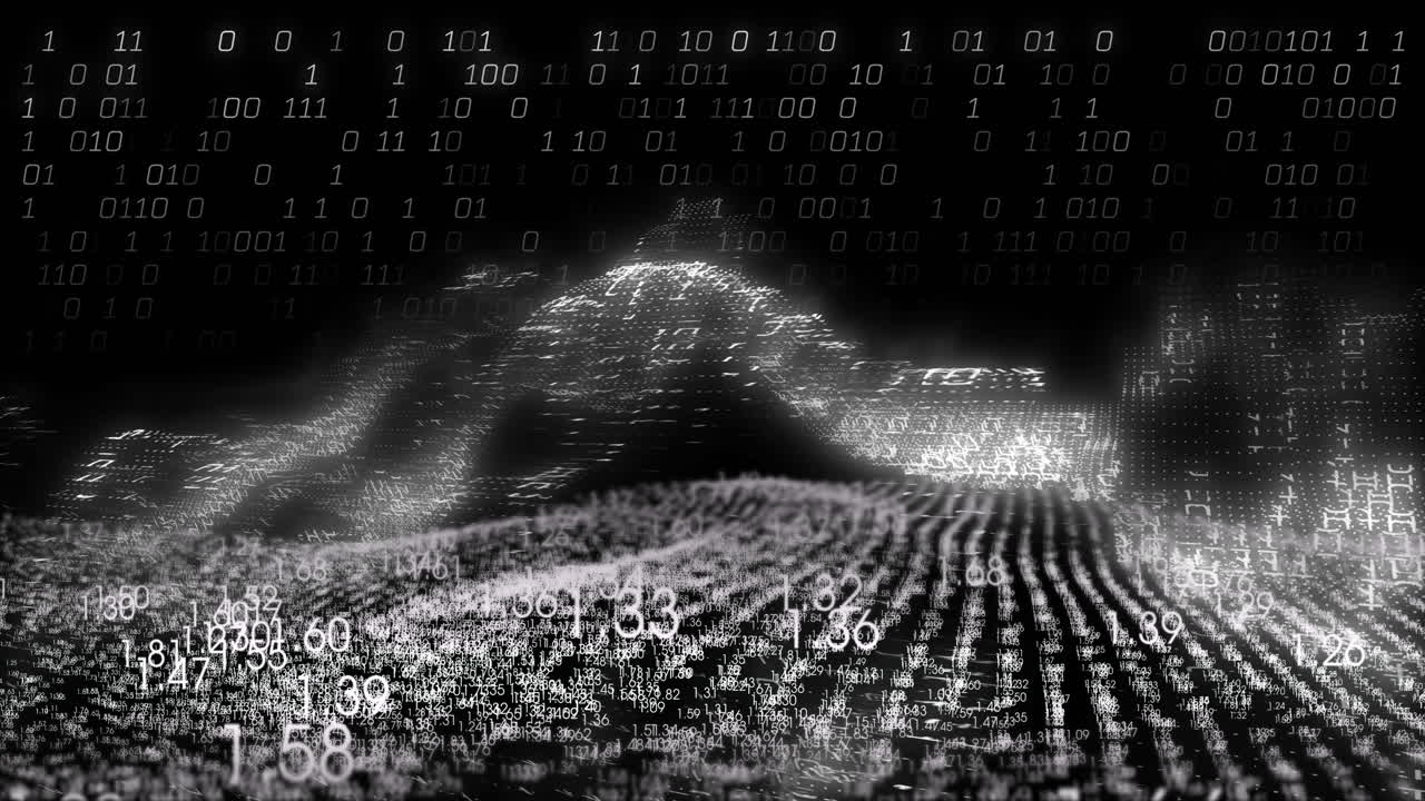 Animation of financial data processing and binary coding over black background