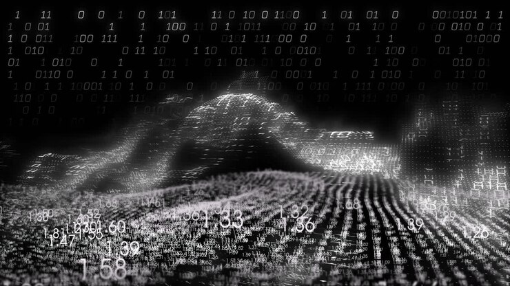 Animation of financial data processing and binary coding over black background