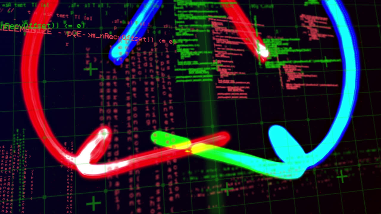 Animation of blue and red lights over data processing in green and red on black background
