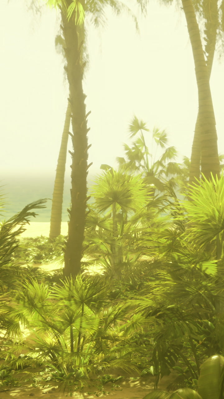 Lush tropical paradise with bright sunlight and swaying palms near the ocean