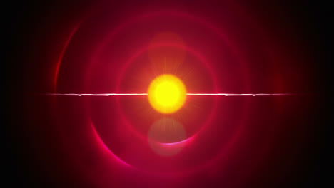 digital animation of green and yellow light spot against spiral light trails on red background