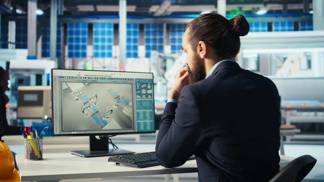 técnico que optimiza el suministro de energía en la planta de fabricación de paneles solares