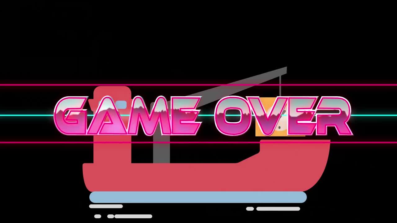 검은색 배경에 색이 넘치는 기하학적 모양과 배 위에 텍스트를 통해 게임의 애니메이션