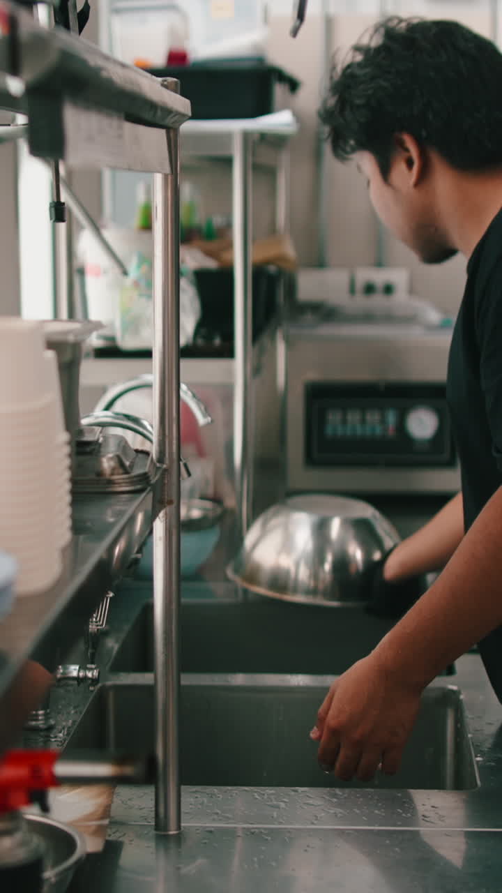 Man Washing Dishes in a Commercial Kitchen