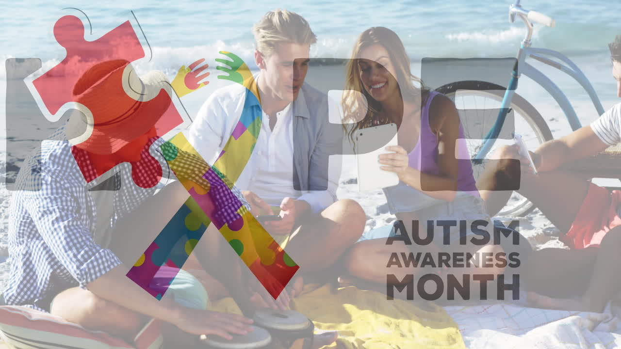 다채로운 퍼즐 조각과 자폐증 텍스트의 애니메이션이 전자 장치를 사용하는 성인 친구들 위에