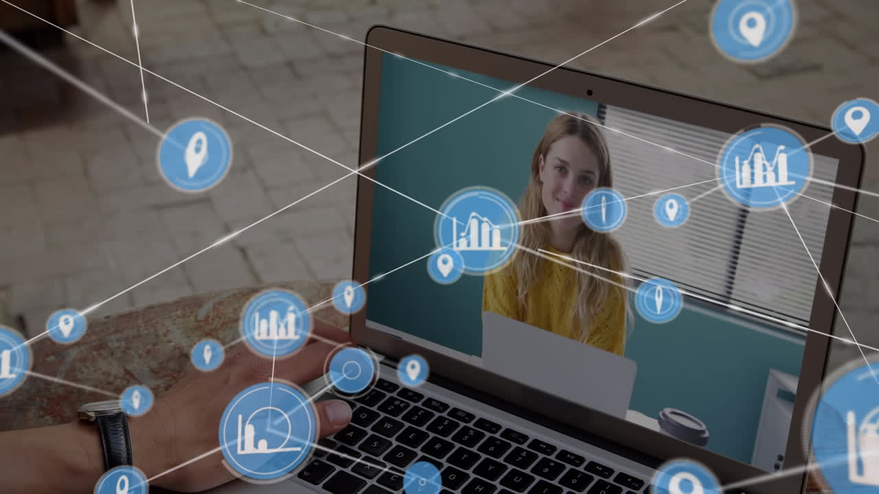 카페에서 노트북에서 비디오 통화를 하는 남자의 뒷면 뷰에 대한 프로필 아이콘 네트워크의 애니메이션