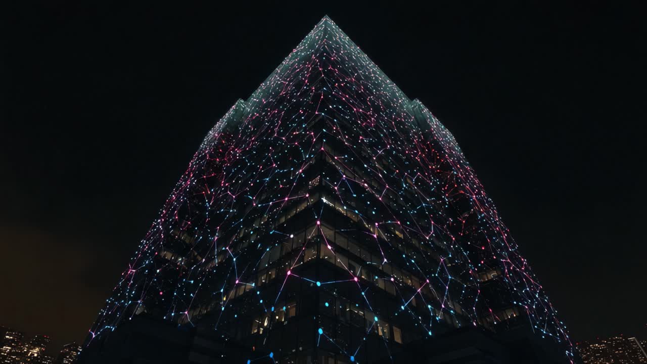 A Stunning Night View of a Modern Building Illuminated with Colorful LED Lights, Showcasing a Unique Geometric Design Against the Dark Sky, Capturing a Fusion of Architecture and Technology