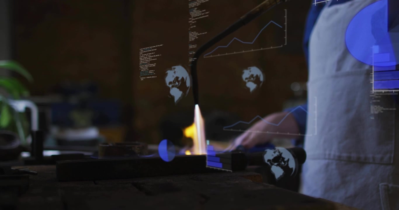Worker operating torch heating metal piece on bench for metalwork, generating growing blue overlays
