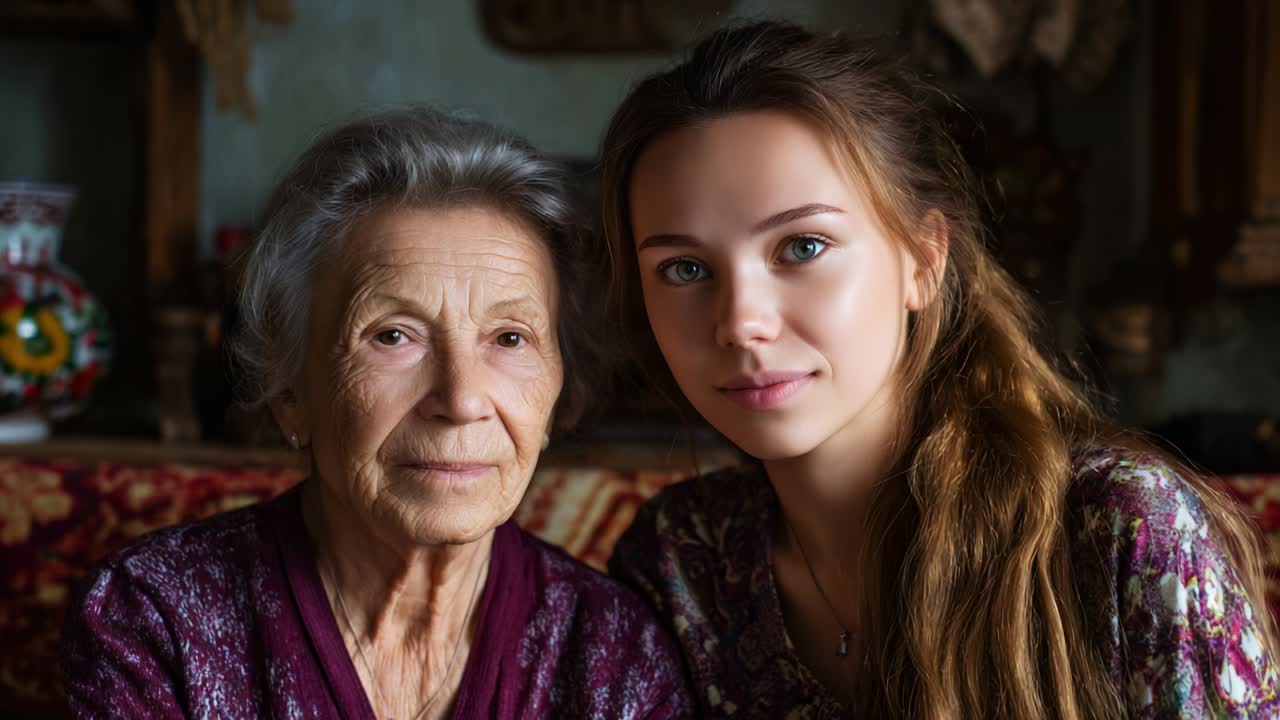 A Heartwarming Moment Captured in Time: The Connection Between Generations as a Grandmother and Granddaughter Share a Warm Smile and Bond in a Cozy Home Environment, Celebrating Love and Family Ties