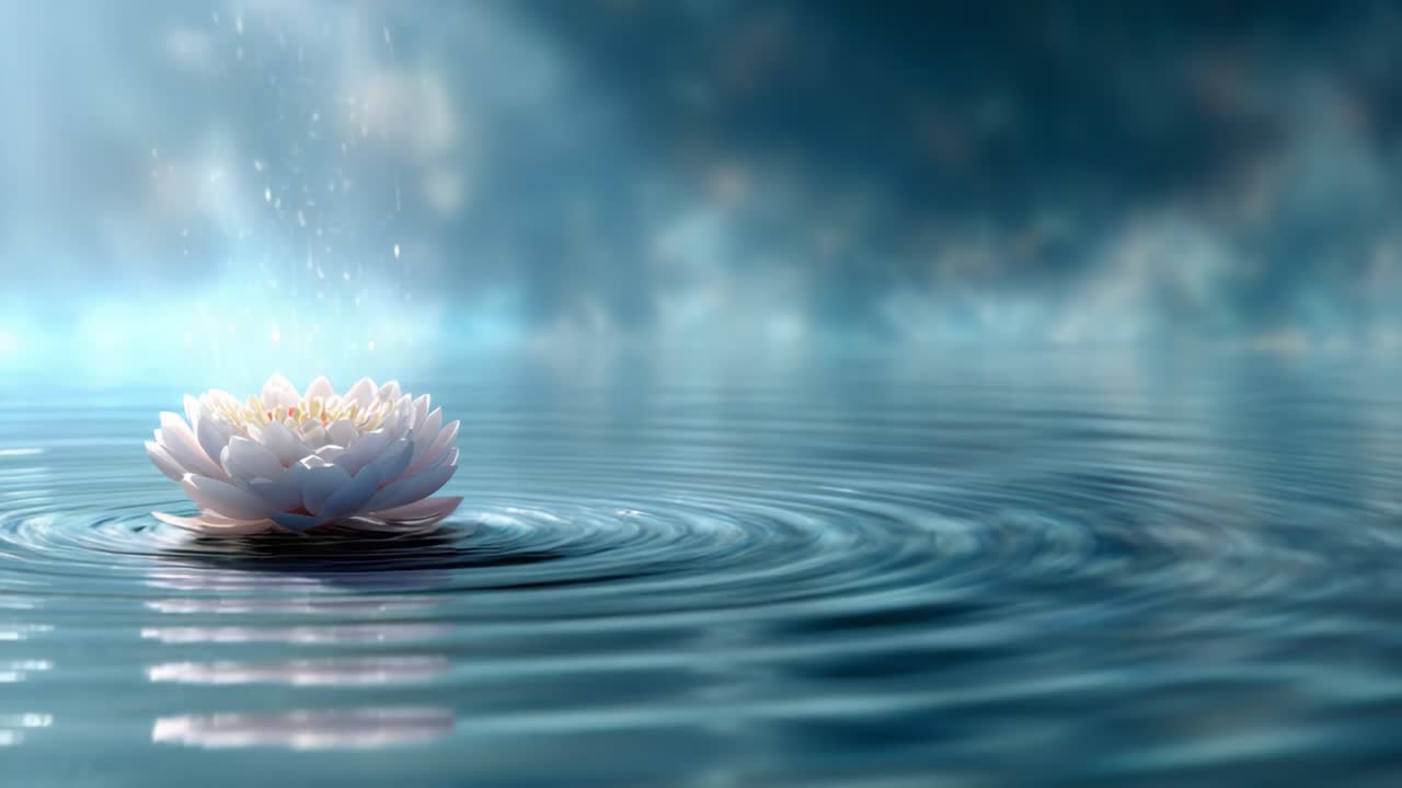 A Serene Water Lily Blooming in Reflection: Tranquil Beauty amidst Gentle Ripples and Delicate Raindrops