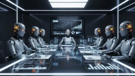 a futuristic conference room filled with advanced humanoid robots analyzing data and strategies with digital displays and interactive interfaces