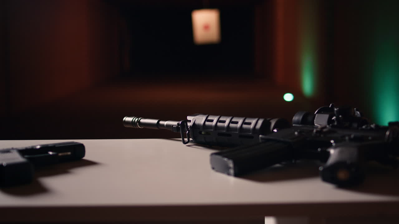 un primer plano de una pistola y un rifle en el campo de tiro del ejército.