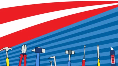 animation of labour day tools with copy space and american flag