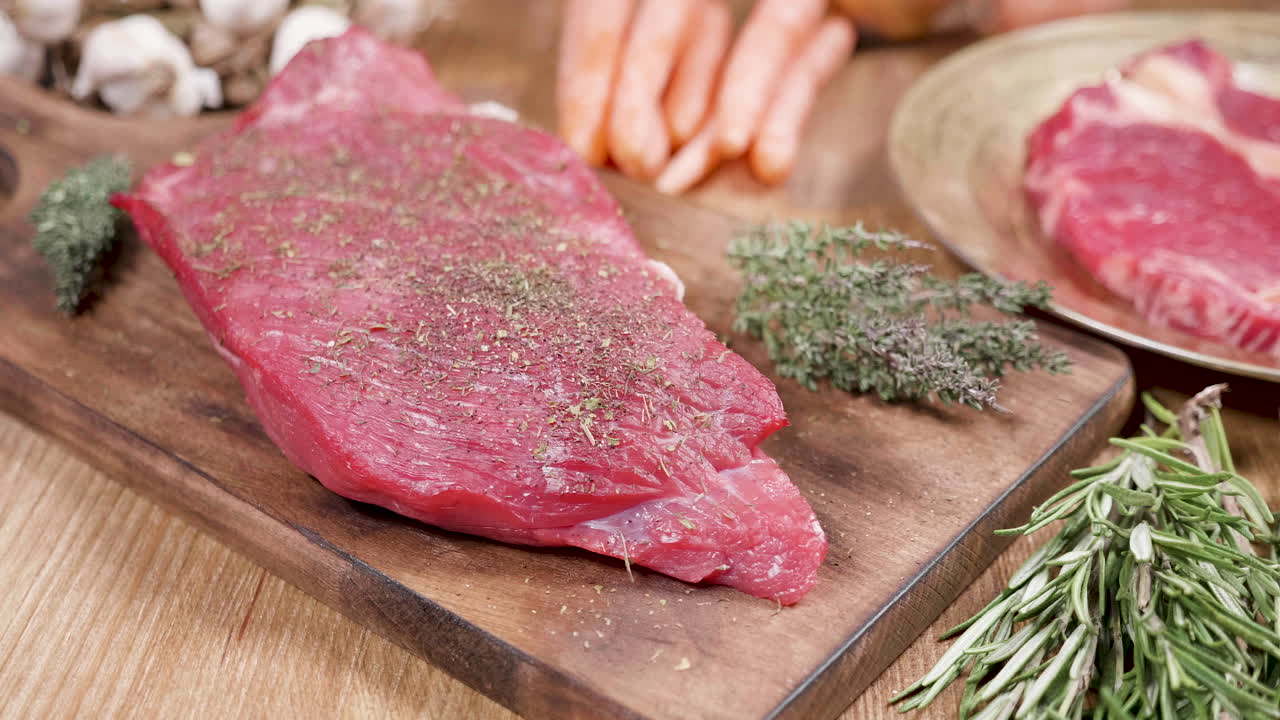Raw Steak with Herbs on a Wooden Board