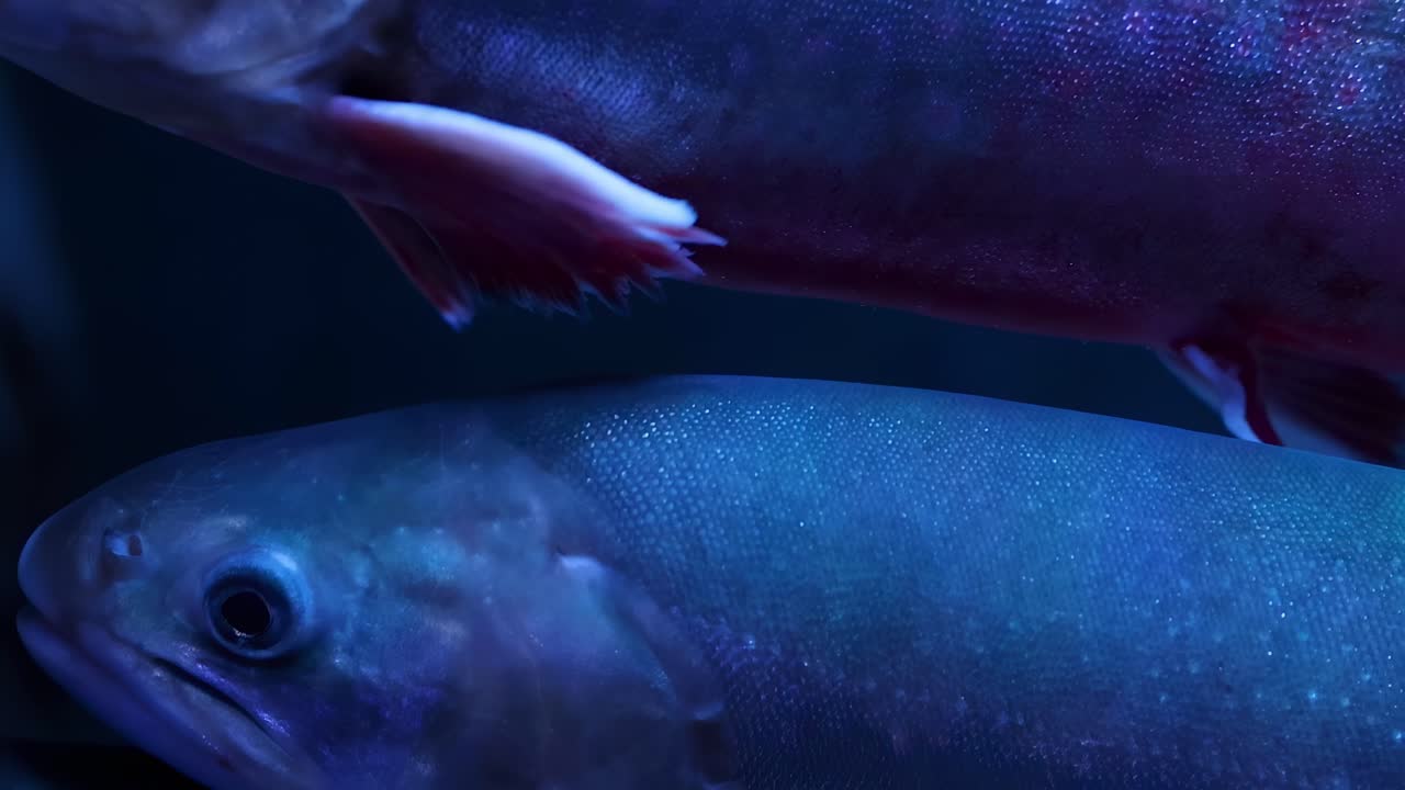 Detailed view of fish swimming closely together under soft blue lighting, highlighting their scales and fins.