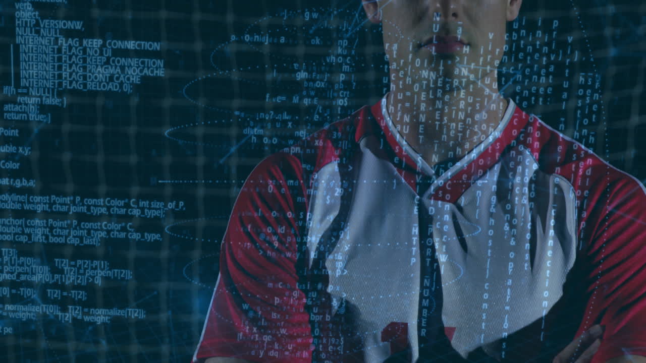 Athlete crossing arms in technology studio, showing code streams blending with baseball jersey