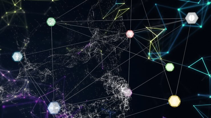Animación de redes de conexiones con iconos sobre fondo negro