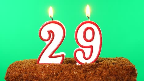 cake with the number 29 lighted candle. chroma key. green screen. isolated