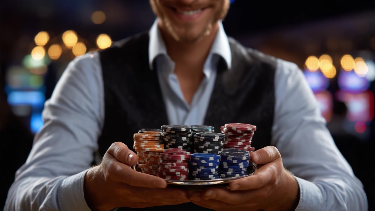 Um Jogador Confiante Apresenta uma Pilha de Fichas de Poker Coloridas em um Ambiente de Cassino com Luzes de Fundo Vívidas Aumentando a Emoção da Experiência de Jogo