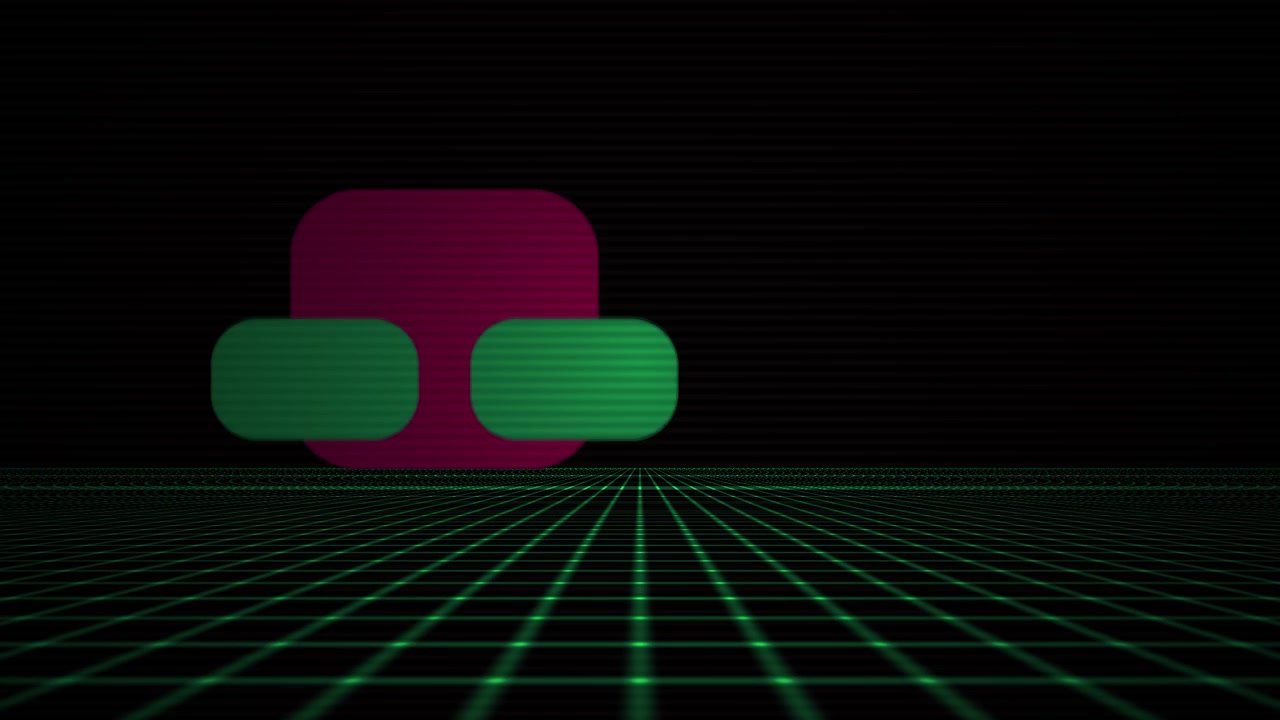 Retro Synthwave Grid Background with Floating Abstract Shapes