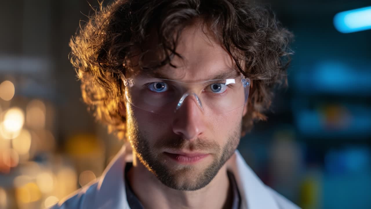 Focused Scientist with Glasses in Laboratory Setting, Exuding Determination and Curiosity While Conducting Research in a Dynamic, Modern Environment