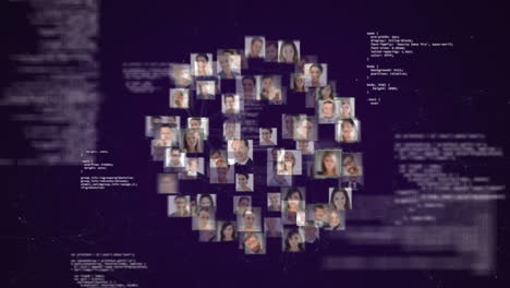 animación del globo con una red de fotos de personas y procesamiento de datos en fondo púrpura